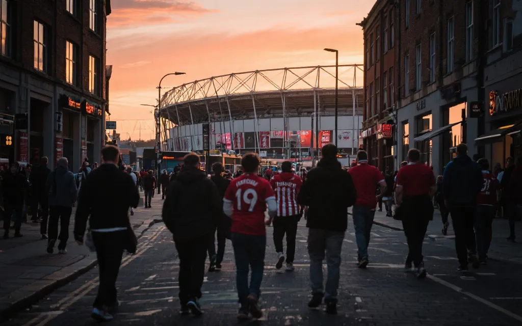 比赛日城市街区：球迷步行前往球场，黄昏光线，旅行摄影风格