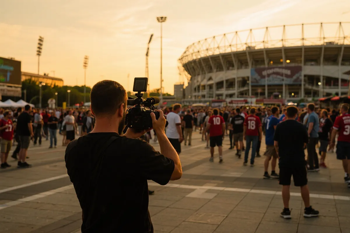 比赛日人潮中的Vlog拍摄场景:球场外广场、球迷流动、摄影者手持稳定器记录氛围