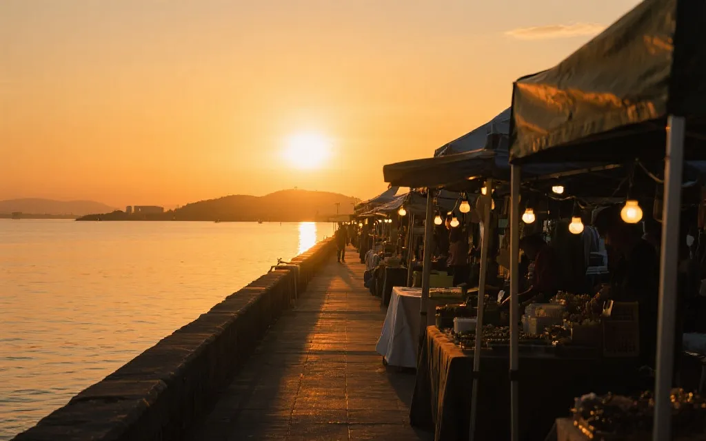 傍晚的派克市场与海湾步道，暖色夕阳与海风氛围