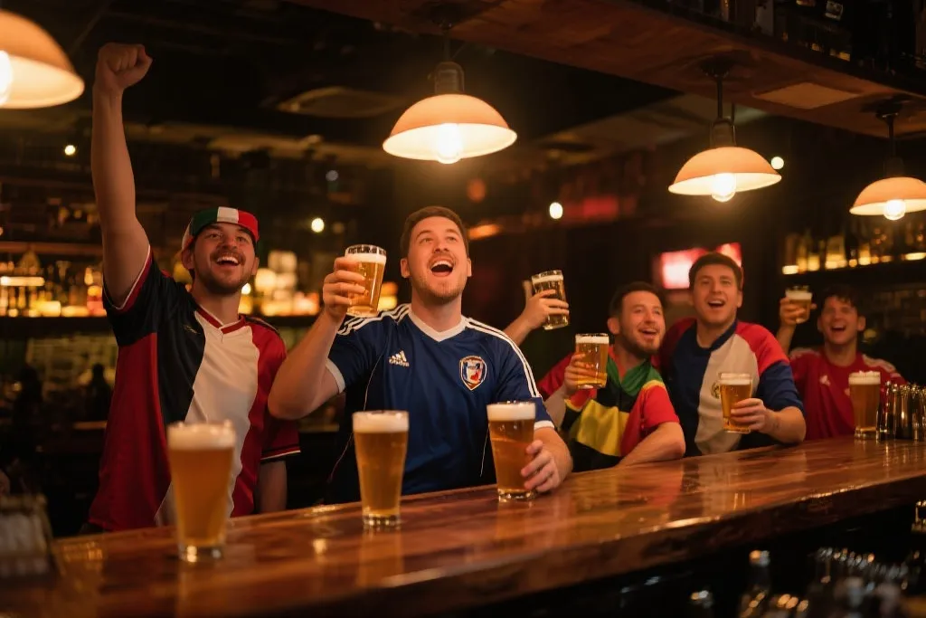 精酿啤酒吧内球迷举杯，墙上有比赛画面，温暖灯光与热烈氛围